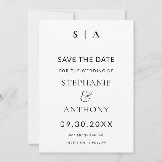 Moderne minimale monogram zwart en witbruiloft save the date (Voorkant)