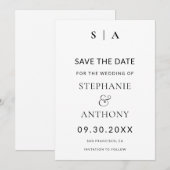 Moderne minimale monogram zwart en witbruiloft save the date (Voorkant / Achterkant)