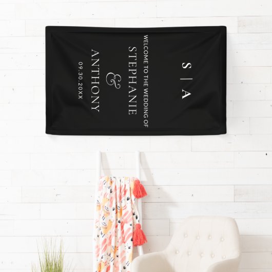 Moderne minimale monogram zwart en witbruiloft spandoek (Insitu)