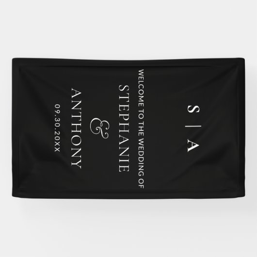 Moderne minimale monogram zwart en witbruiloft spandoek (Horizontaal)