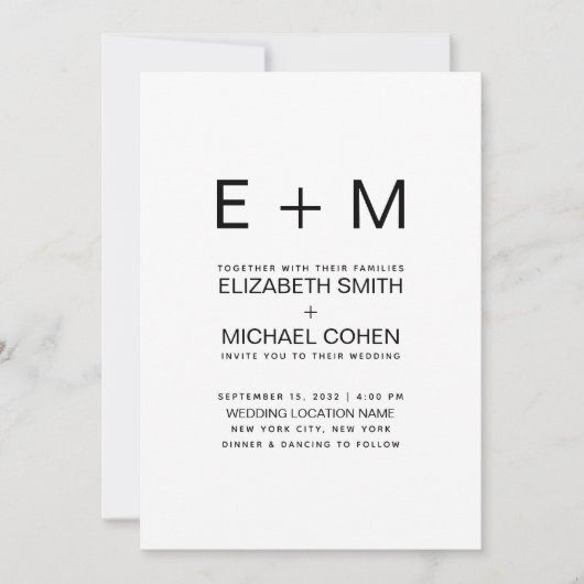 Moderne minimale monogram zwart-witbruiloft kaart (Voorkant)