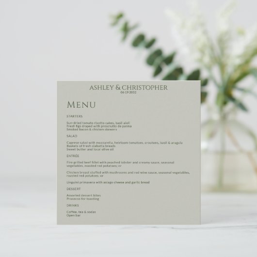 Moderne minimale Mos & Sage Groene Bruiloft Recept Menu (Staand voorkant)