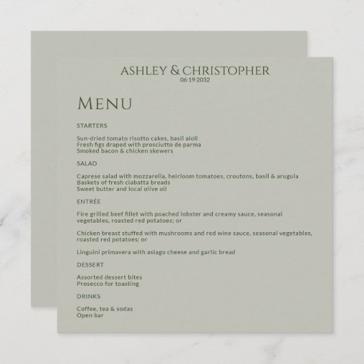 Moderne minimale Mos & Sage Groene Bruiloft Recept Menu (Voorkant / Achterkant)