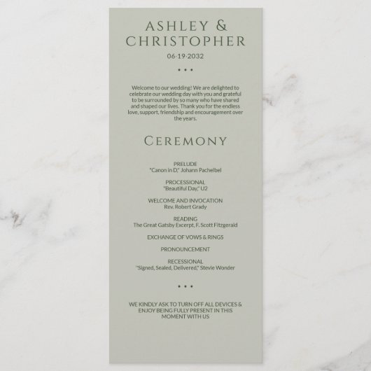 Moderne Minimale Mos & Sage Groene Huwelijksceremo Programmakaart (Voorkant)