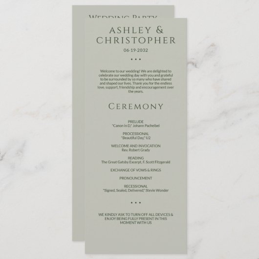 Moderne Minimale Mos & Sage Groene Huwelijksceremo Programmakaart (Voorkant / Achterkant)