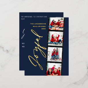 Moderne, minimale multi-foto kerstblauw met script folie feestdagen briefkaart