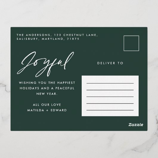 Moderne, minimale multi-foto kerstgroen script folie feestdagen briefkaart (Achterkant)