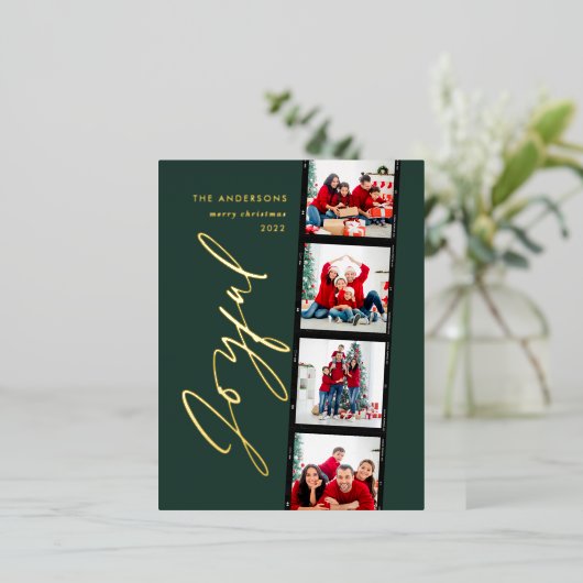 Moderne, minimale multi-foto kerstgroen script folie feestdagen briefkaart (Staand Voorkant)