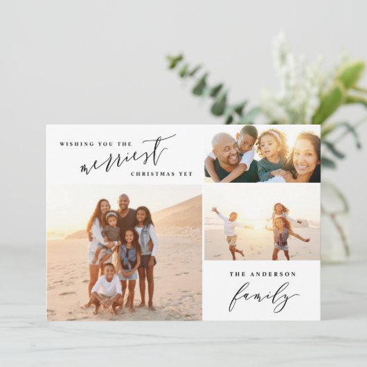 Moderne minimale multi-foto vakantie script feestdagenkaart (Staand voorkant)