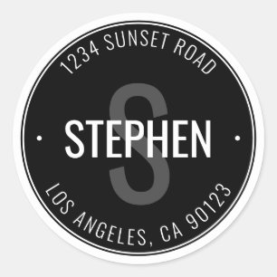 Moderne minimale naam & adres Zwart-wit Ronde Sticker