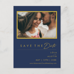 Moderne Minimale Navy Blauwe Gouden Foto Save The  Uitnodiging Briefkaart