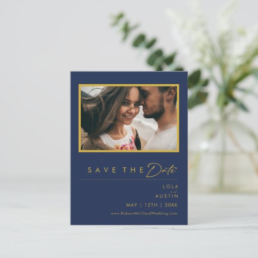 Moderne Minimale Navy Blauwe Gouden Foto Save The  Uitnodiging Briefkaart (Staand voorkant)
