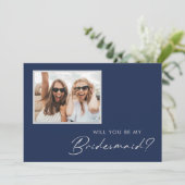Moderne, minimale Navy Blue Silver Photo Bridesmai Kaart (Staand voorkant)