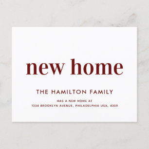 Moderne, minimale nieuwe thuismaroon aankondigingskaart