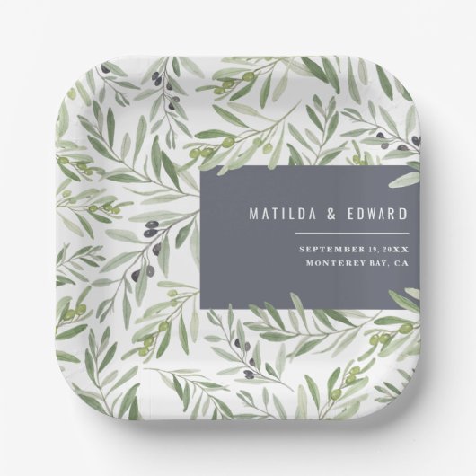Moderne minimale olijftak botanische bruiloft papieren bordje (Voorkant)