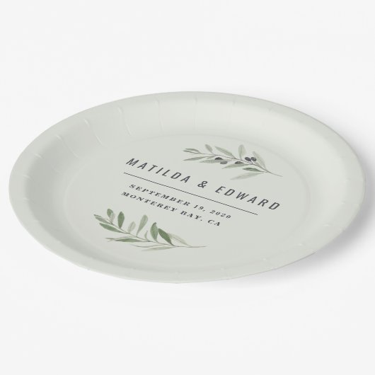 Moderne minimale olijftak gebladerte bruiloft papieren bordje (Gekanteld)