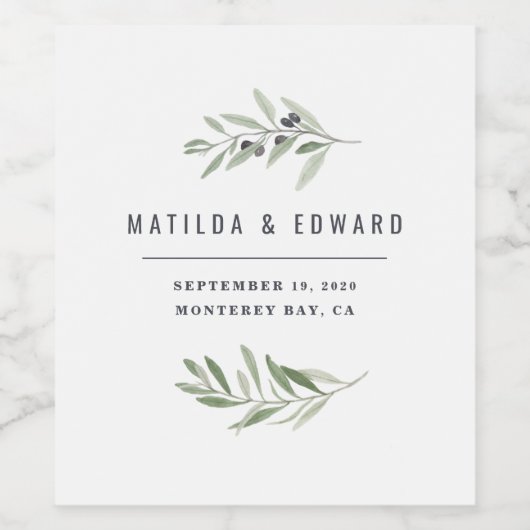 Moderne minimale olijftak gebladerte bruiloft wijn etiket (Enkel label)