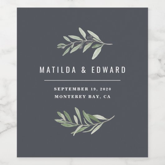 Moderne minimale olijftak gebladerte bruiloft wijn etiket (Enkel label)