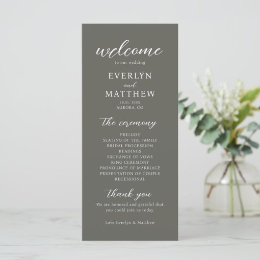 Moderne minimale Olive Gray Wedding Ceremony Progr (Staand voorkant)