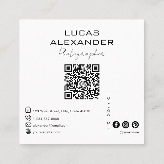 Moderne Minimale OR Code Social Media Fotograaf Vierkante Visitekaartje (Achterkant)
