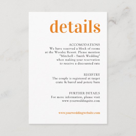 Moderne minimale Oranje bruiloft - DETAILS-behuizi Informatiekaartje (Voorkant)