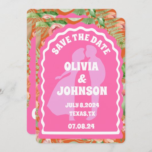 Moderne minimale Oranje retro bloemenboog vet datu Save The Date (Voorkant / Achterkant)