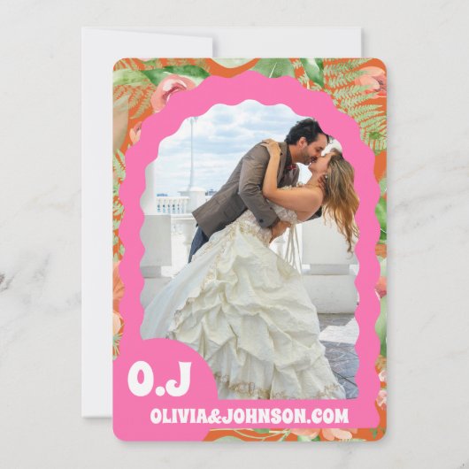 Moderne minimale Oranje retro bloemenboog vet datu Save The Date (Achterkant)