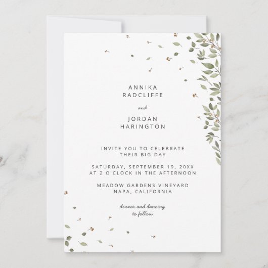 Moderne minimale organische groen bruiloft uitnodi kaart (Voorkant)