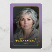 Moderne minimale Paarse foto Pensioenfeest Folie Uitnodiging (Voorkant)