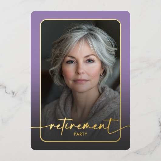 Moderne minimale Paarse foto Pensioenfeest Folie Uitnodiging (Voorkant)
