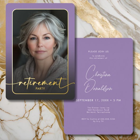Moderne minimale Paarse foto Pensioenfeest Folie Uitnodiging