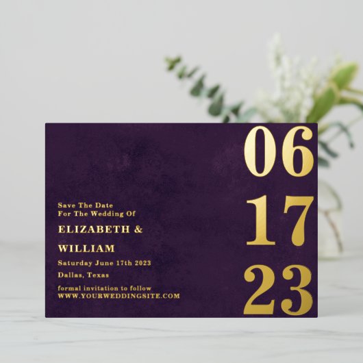 Moderne, minimale Paarse goudfoto bespaart de datu Folie Uitnodiging (Staand Voorkant)