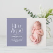 Moderne, minimale paarse typografie foto geboorte aankondiging (Staand voorkant)