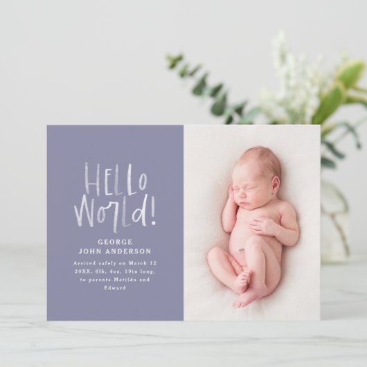 Moderne, minimale paarse typografie foto geboorte aankondiging (Staand voorkant)