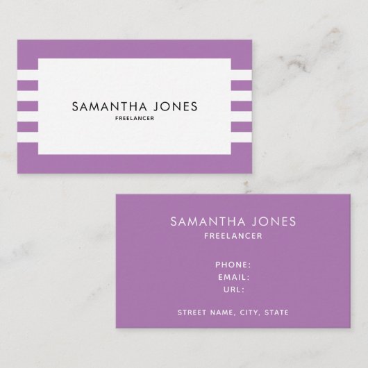 Moderne, minimale Paarse witte strepen Freelancer Visitekaartje (Voorkant / Achterkant)