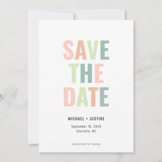 Moderne minimale pastel multi kleur foto bruiloft save the date (Voorkant)