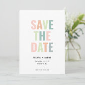 Moderne minimale pastel multi kleur foto bruiloft save the date (Staand voorkant)