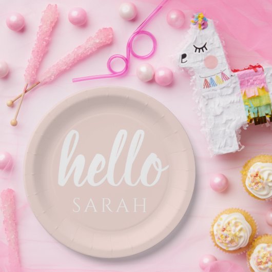 Moderne, minimale Pastel Roze Hallo en u noemt Papieren Bordje (Feest)