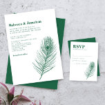 Moderne minimale pauwenveer groene bruiloft kaart<br><div class="desc">Minimal design Wedding Invitation card beschikt over een elegante pauw veer lijn art illustratie met een smaragdgroene kleur thema. Modern en schoon typografisch ontwerp, deze uitnodiging voor trouwdag staat voor u klaar om aan te passen met de details van uw speciale dag. Onderdeel van een steeds groter aantal kantoorbenodigdheden, blader...</div>