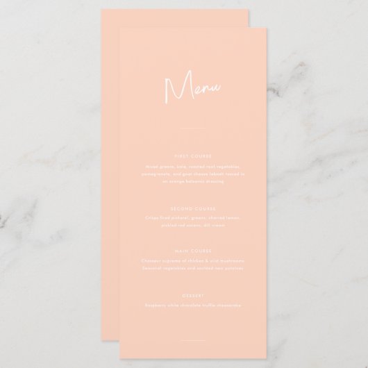 Moderne minimale perzik script bruiloft menu (Voorkant / Achterkant)