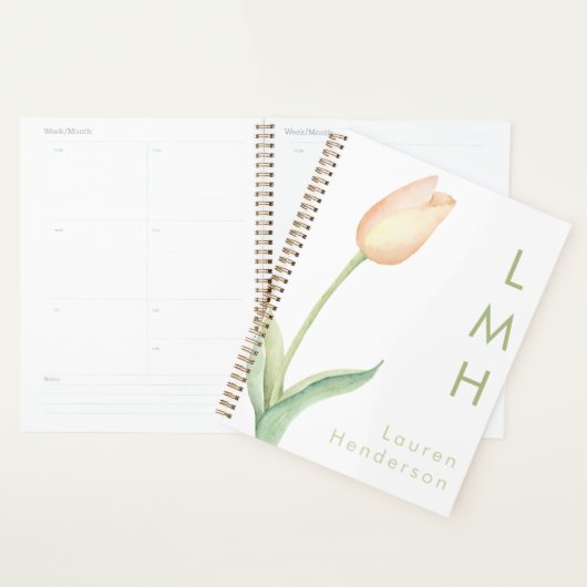 Moderne minimale perzik Waterverf tulp Monogram Planner (Display)