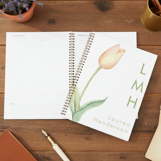 Moderne minimale perzik Waterverf tulp Monogram Planner