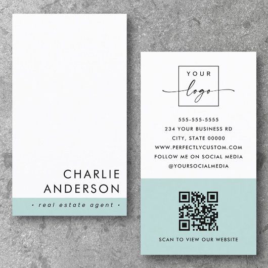 Moderne minimale QR-code aqua blauw wit verticaal Visitekaartje