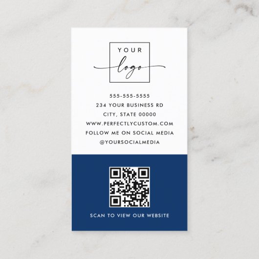 Moderne minimale QR-code donkerblauw wit verticaal Visitekaartje (Achterkant)