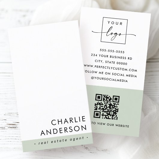 Moderne minimale QR-code salie groen wit verticaal Visitekaartje