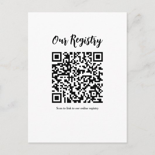 Moderne minimale QR-code Scannable Wedding Registr Briefkaart (Voorkant)
