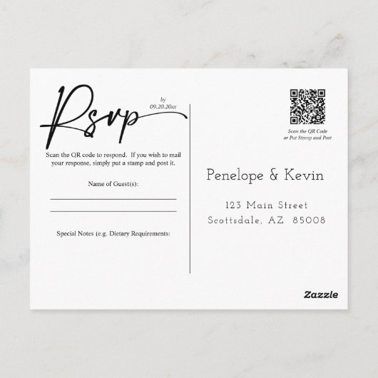 Moderne minimale QR Code Wedding RSVP Antwoord Briefkaart (Achterkant)