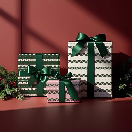 Moderne Minimale Retro Wavy Groen & Roze Streep Inpakpapier Vel