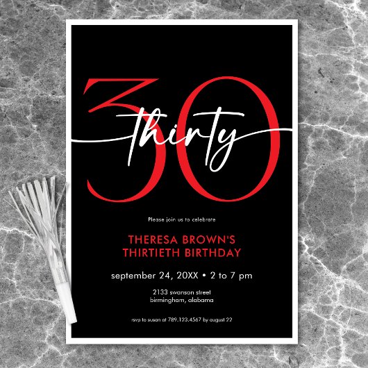 Moderne minimale rode dertig script verjaardag kaart
