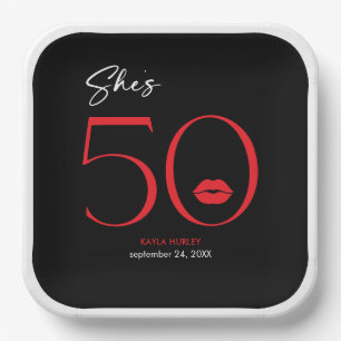 Moderne minimale rode lippen Ze is vijftig jaar Papieren Bordje